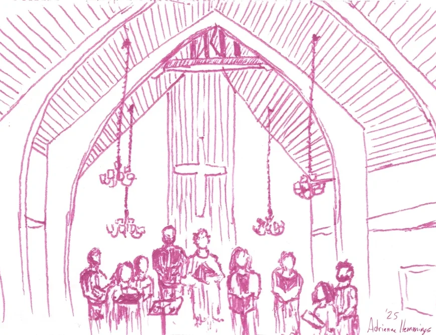 Ink drawing of IVCC performance in March 2025 by Adrienne Hemmings