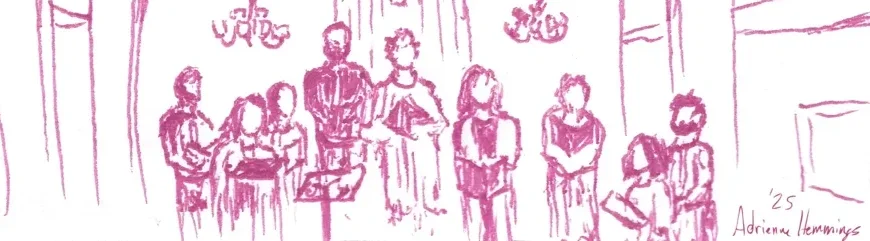 Ink drawing of IVCC performance in March 2025 by Adrienne Hemmings